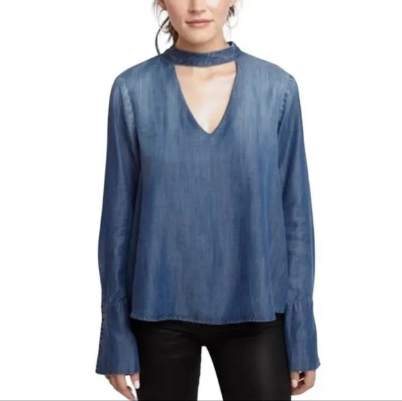 Cloth & Stone Chambray Keyhole Button Back Bell- Sleeve Top XS - Picture 1 of 6
